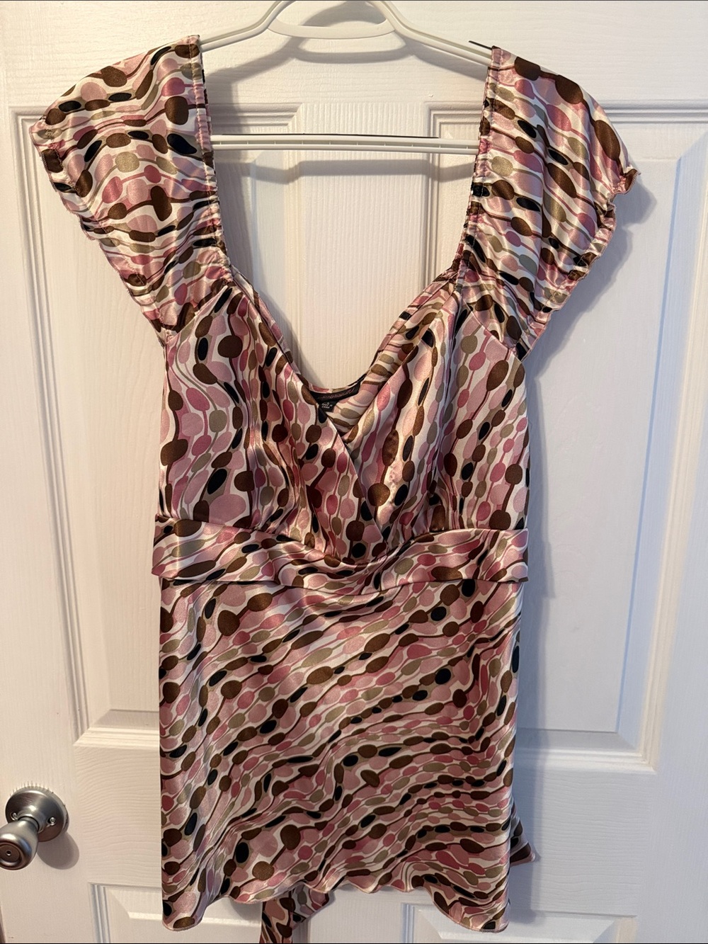 One-Shoulder Pink and Brown Patterned Satin Dress - Picture 1 of 2